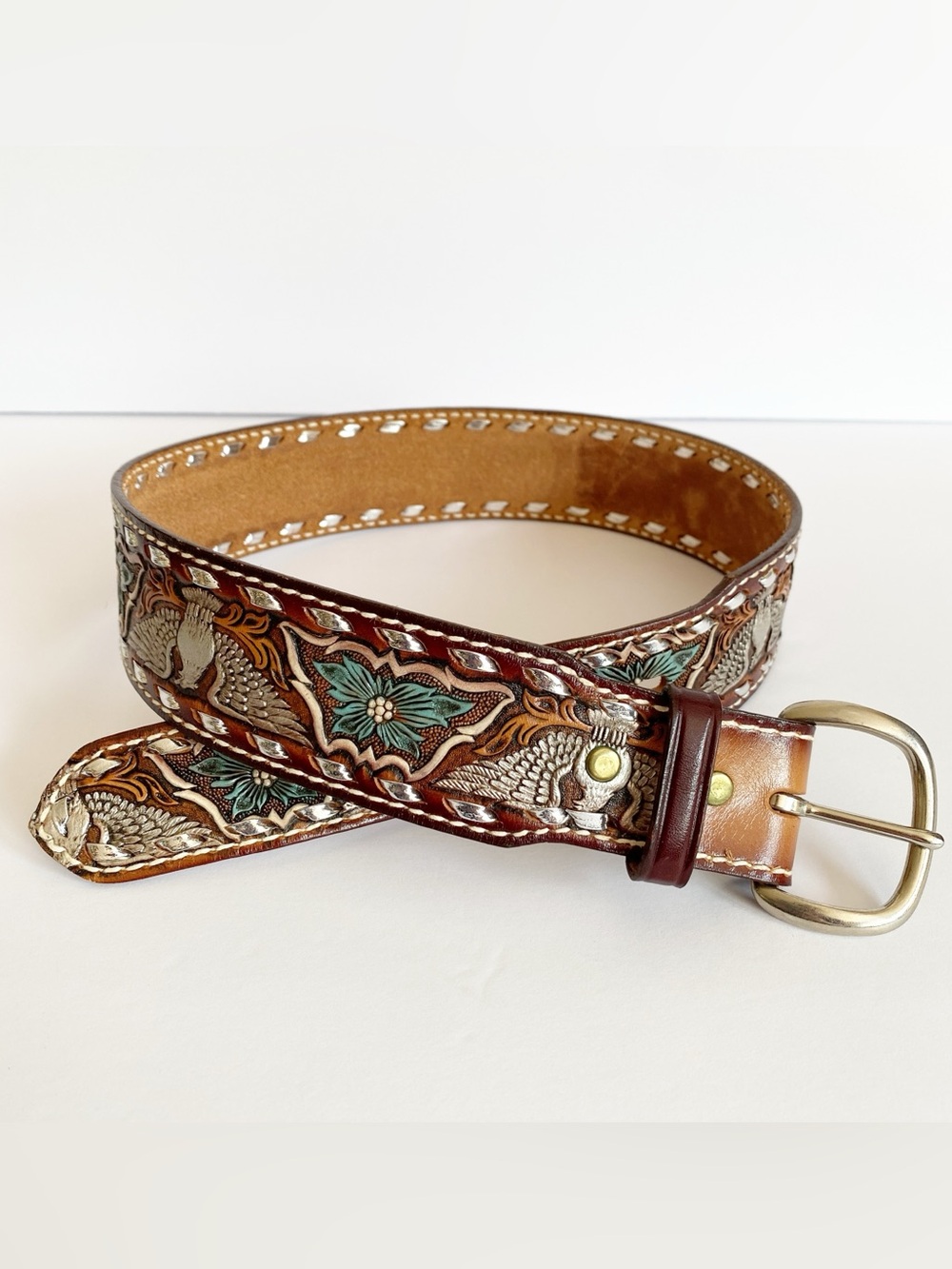 Vintage Brazos Joe Belt Size 26"-29" Leather Eagle Western Silver Embossed Wide